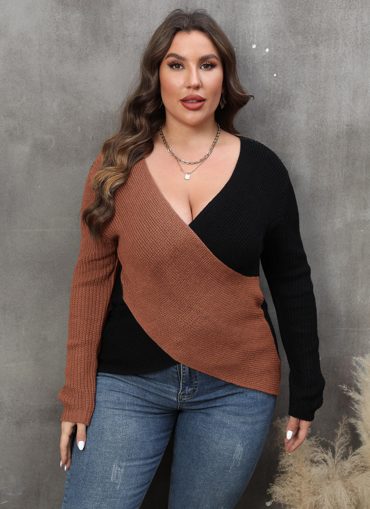 Casual Women Plus Size Winter Autumn Color Contrast V Neck Long Sleeve Cross Knitted Sweater