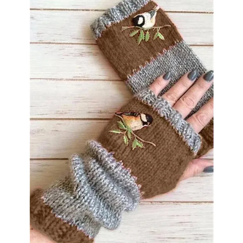 (Buy 1 Get 1) Autumn Winter Women Fashion Warm Stitching Embroidered Half Finger Gloves