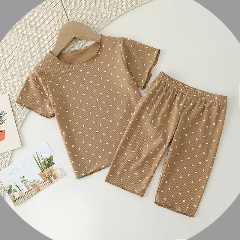 Girls Casual Round Neck Short Sleeve Polka Dot Top And Pants Pajama Set