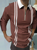 Men Casual Long Sleeve Lapel Half Zipper Stripe Printed Polo Shirt