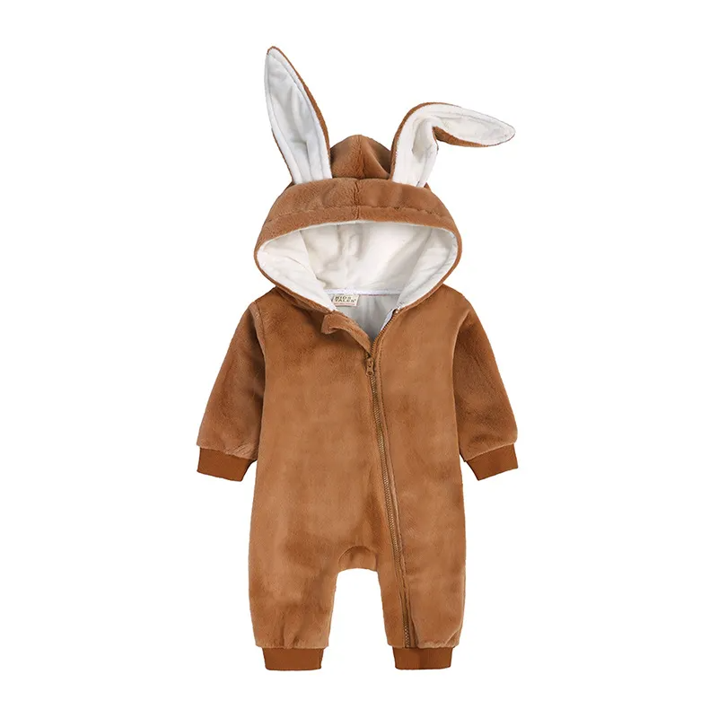 Kids Baby Boys Girls Autumn Winter Casual Cute Solid Color Rabbit Ears Fleeces Long Sleeve Hooded Bodysuit