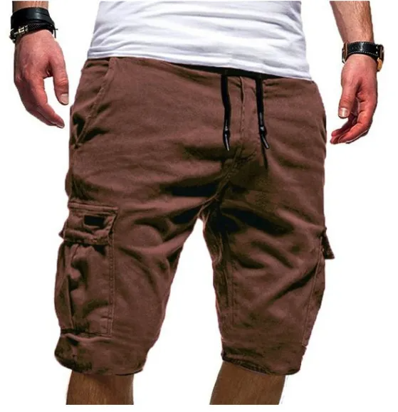 Men Casual Mid-Rise Solid Color Multi-Pocket Sports Shorts