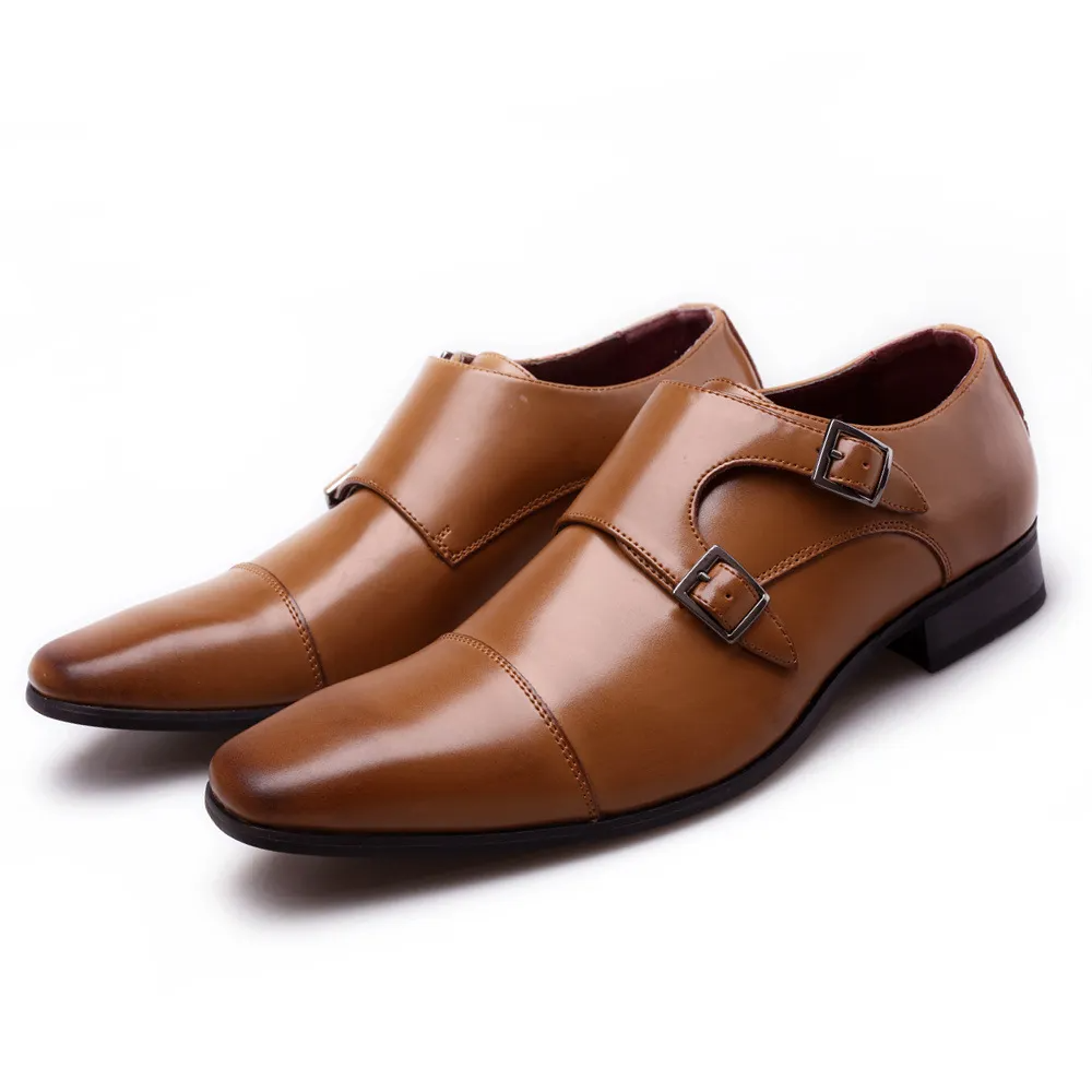 Men Fashion Square Toe Three-Joint Monk Buckle Pu Leather Shoes