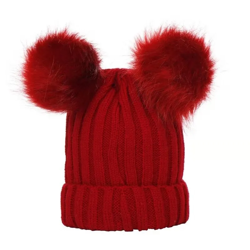 Kids Warm Solid Color Double Pompon Knitting Cap