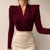 Women Autumn Winter Elegant Wolid Color V Neck Long Sleeve Padded Bodysuit