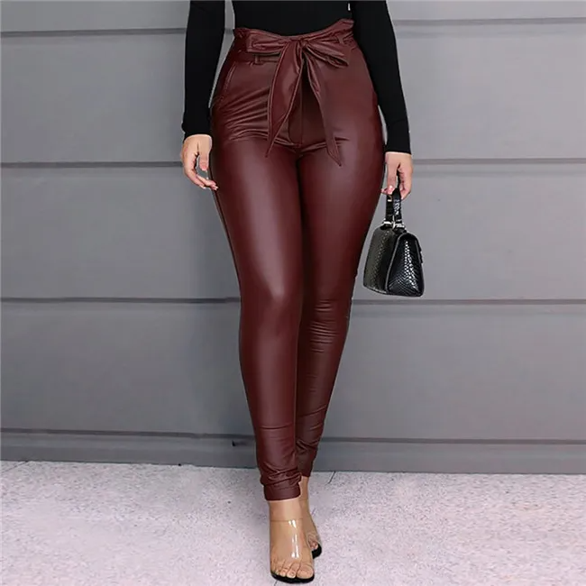 Women Fashion Solid Color High Waist Sash PU Leather Pants