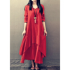 Women Ramadan /Eid Fashion Literary Solid Color Linen Long Sleeve V Neck Irregular Dress