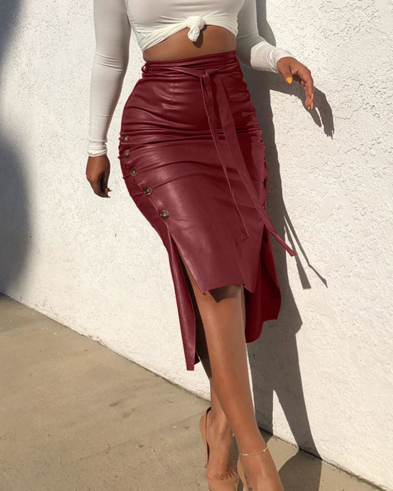 Women Simple Solid Color Slit Slim Tie Mid-Length Pu Skirt