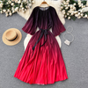 Women Casual Elegant Retro Loose Round Neck Cropped Sleeve Creased Lace-Up Gradient Color Pleated Dress