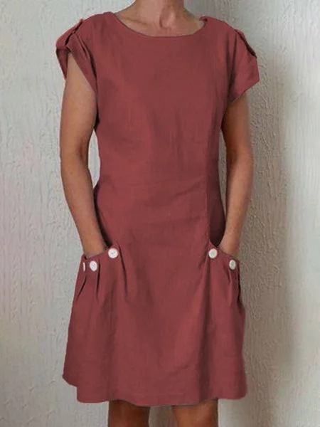 Women Fashion Casual Solid Color Pocket Short Sleeve Dress