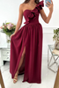 Women Elegant Solid Color One Shoulder Sleeveless Ruffle Side-Slit Dress