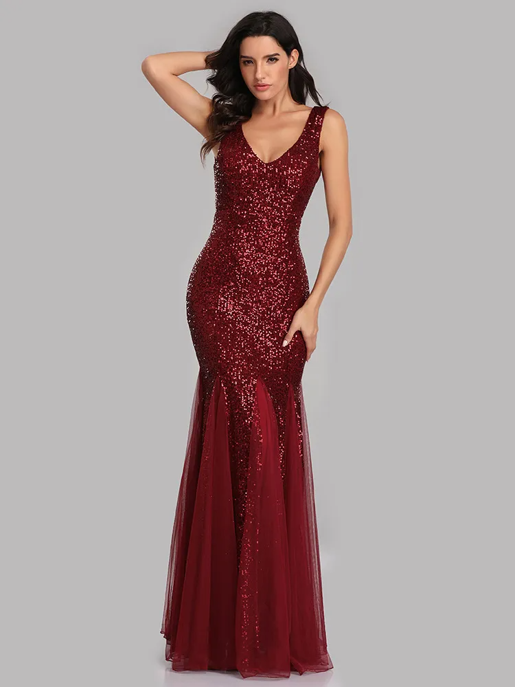 Women Fashion Sexy V Neck Mermaid Sequin Party Maxi Dress