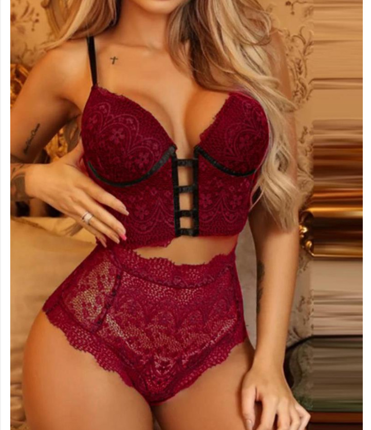 Women Sexy High Elastic Mesh See-Through Fashion Lace Patchwork Bra And Panty Lingerie Set