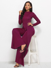 Women Solid Color Round Neck Long Sleeve Waist Slim Fashion Wide Leg Jumpsuit