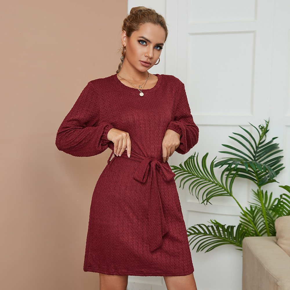 Women Office Elegant Solid Color Long Sleeve Round Neck Bandage Knitted Dress