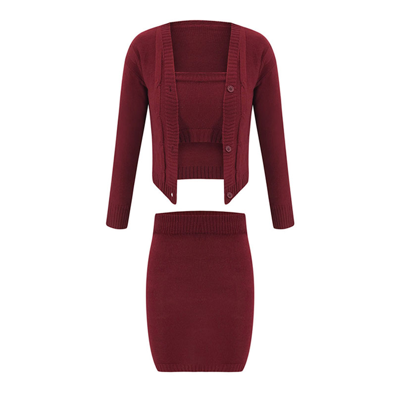 Solid Color Tube Top And Single-Breasted Cardigan And Bodycon Skirt Knit Three Pieces Sets