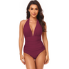 Women Simple Solid Color Shirring Halter Neck One-Piece Swimwear