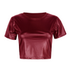 Women Summer Fashion Pu Leather Cropped Navel Round Neck Short Sleeve Top