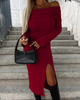 Women Fashion Solid Color Off Shoulder Long Sleeve Split Dress