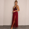 Elegnat Women Fashion Sequin Decor Deep V Side Slit Mesh Maxi Party Evening Dress