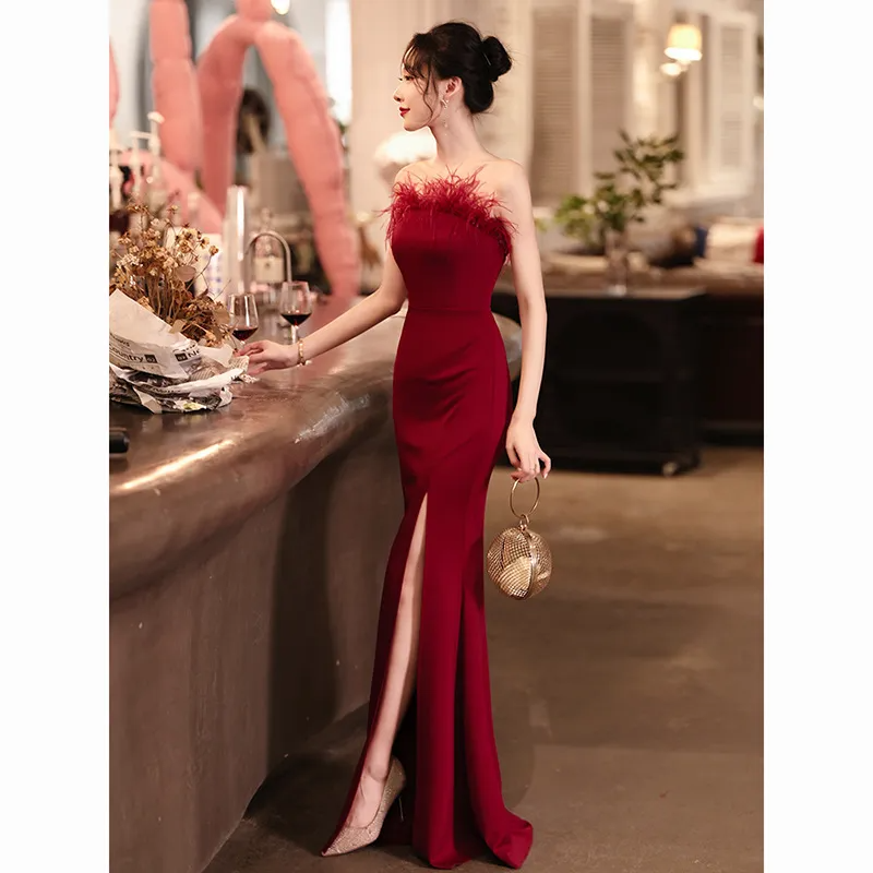 Evening Women Temperament Solid Color Off-The-Shoulder Fishtail Slit Wedding Dress