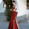 Satin Women Wedding Burgundy Mermaid Temperament Evening Dress