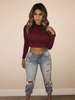 Fashion Women Basic Solid Color Round Neck Cropped Long Sleeve Tops Blouses