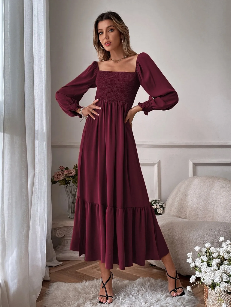 Women Ramadan /Eid Fashion Solid Color Square Collar Long Sleeve Ruffled High Waist Maxi Dress