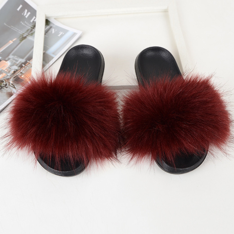 ( 2 pair ) Wholesale Women Winter Fashion Plus Size Faux Fox Fur Plush Flat Slippers