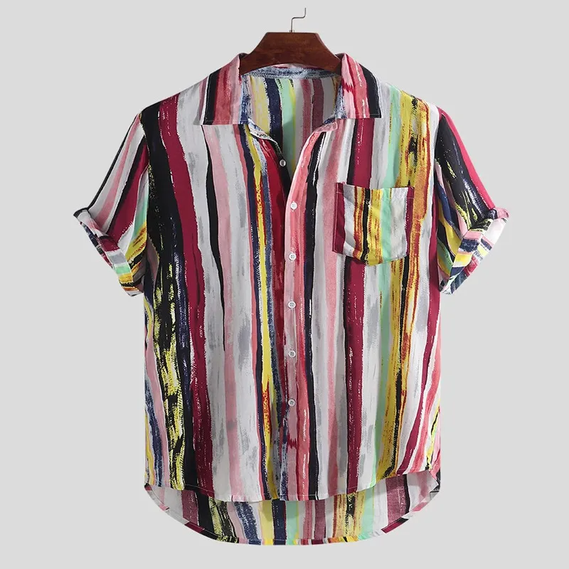 Men Fashion Casual Multicolor Stripe Print Short Sleeve Lapel Shirt