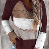 Women Casual Loose V-Neck Hollow Pullover Stripe Hooded Knitted Sweater