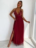 Elegant Women Fashion Sequin Decor Deep V Side Slit Mesh Maxi Party Evening Dress