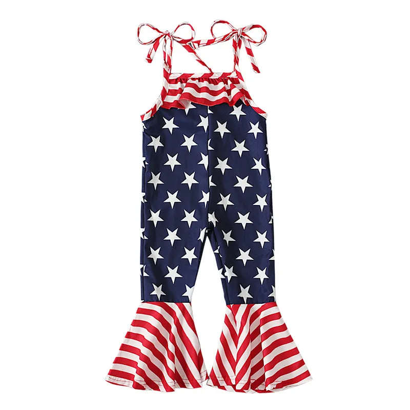 Toddlers Newborn Baby Fashion Girls Casual Basics Sleeveless Independence Day Star Flag Print Jumpsuit