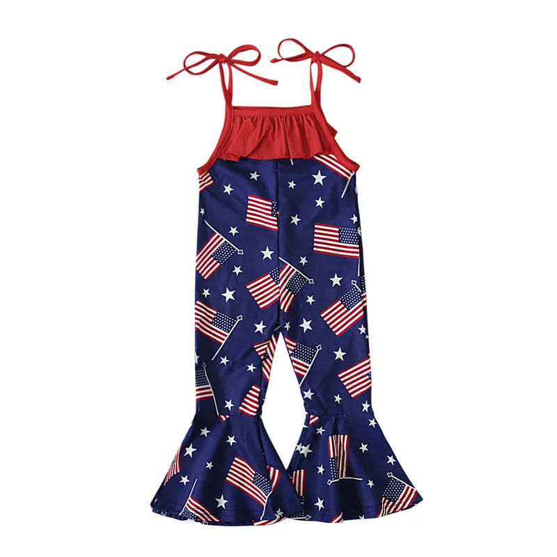 Toddlers Newborn Baby Fashion Girls Casual Basics Sleeveless Independence Day Star Flag Print Jumpsuit