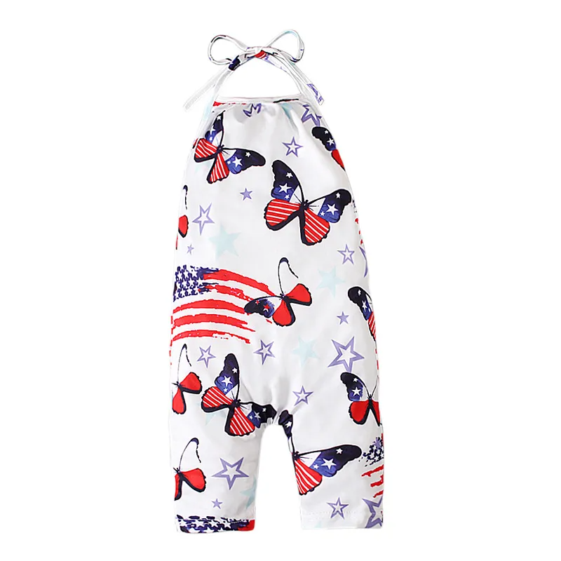 Toddlers Newborn Baby Fashion Girls Casual Basics Sleeveless Independence Day Star Flag Print Jumpsuit