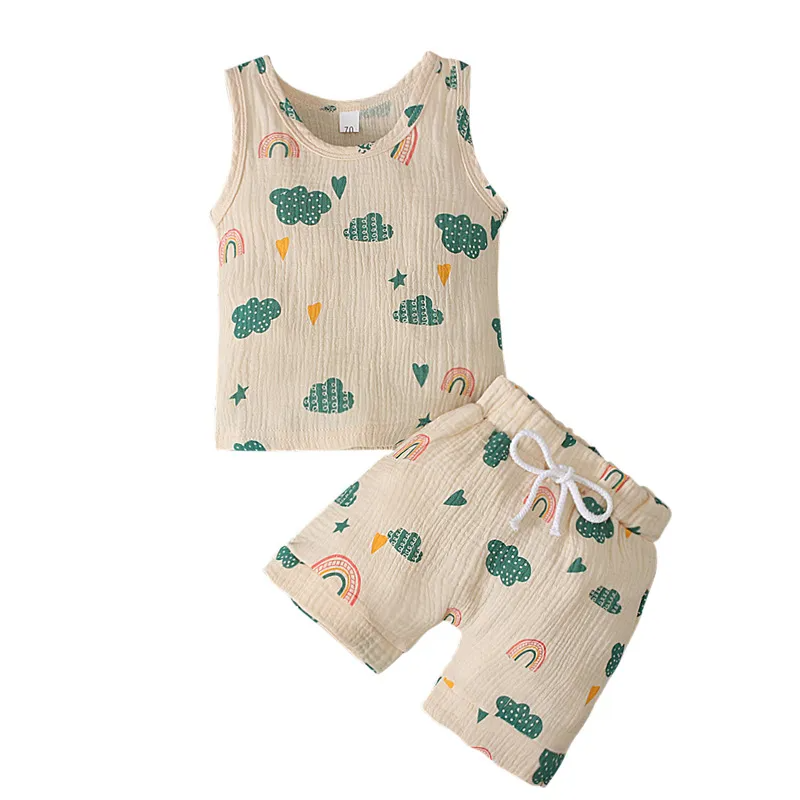 Toddlers Newborn Baby Fashion Girls Boys Casual Sleeveless Rainbow Cactus Print Top And Shorts 2pcs Set