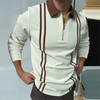 Men Casual Long Sleeve Lapel Half Zipper Stripe Printed Polo Shirt