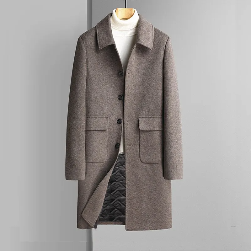 Men Autumn Winter Fashion Leisure Business Office Solid Color Long Sleeve Lapel Plus Size Long Wool Coat