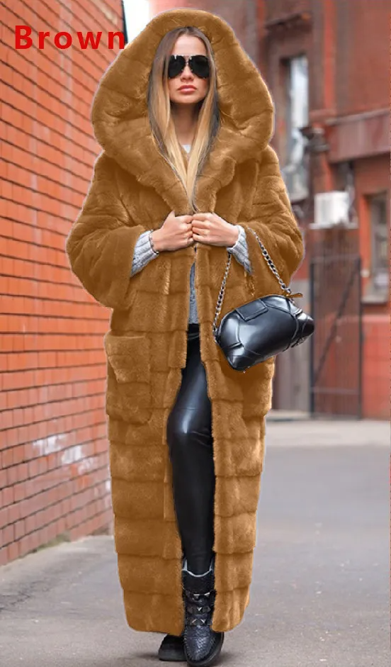 Winter Women Fashion Imitation Fur Hooded Plush Long Coat