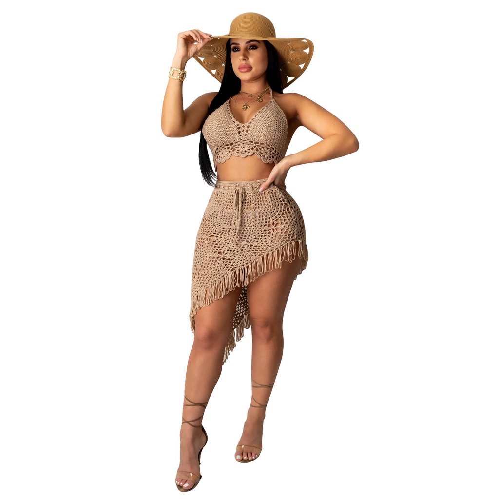 Women Sexy Casual Knitted Tassel Hollow Two-Piece Swimsuit