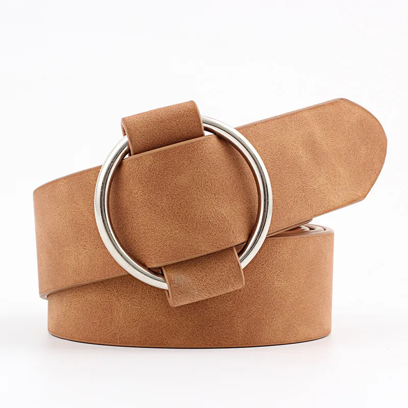 Women Causal Needleless Round Buckle Design Solid Color PU Belt