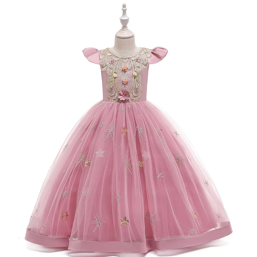 Kids Toddler Big Girls Fashion Party Cute Sweet Solid Color Floral Embroidery Sleeveless Mesh Party Tutu Dress