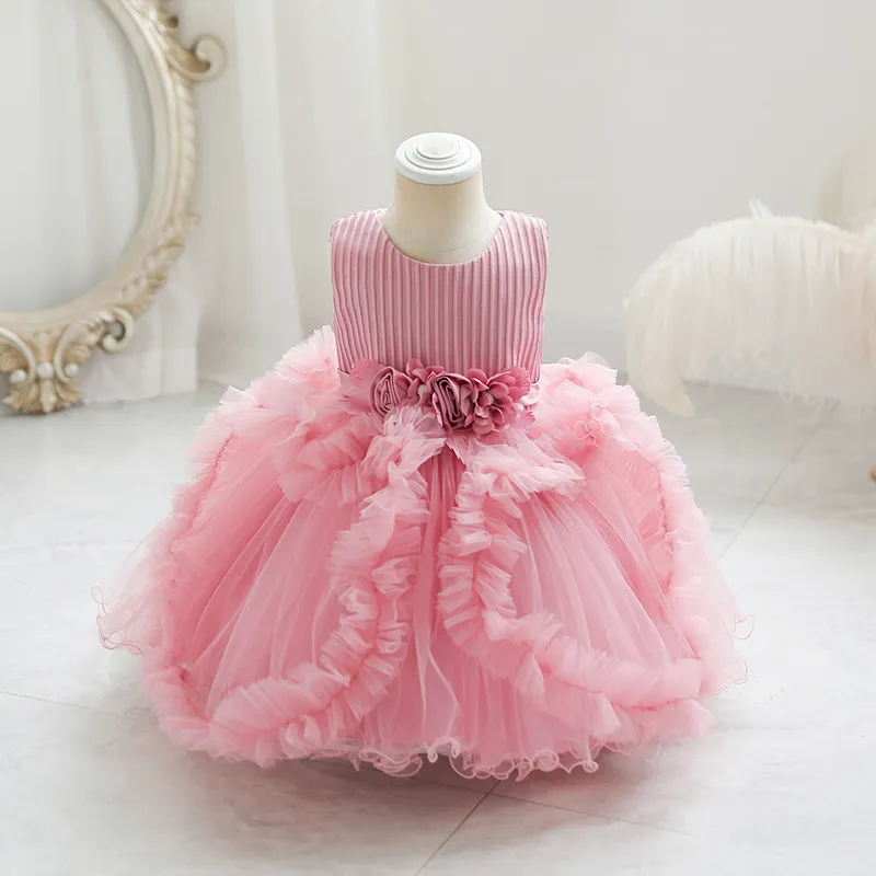 (Buy 1 Get 1) Kids Baby Girls Summer Fashion Party Cute Sweet Solid Color Floral Pleated Sleeveless Mesh Party Tutu Dress