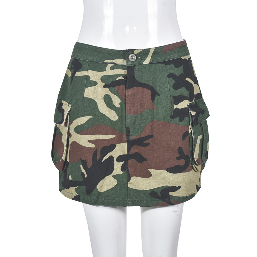 Women Fashion Camouflage Print Summer Multi-Pocket Short Skirt