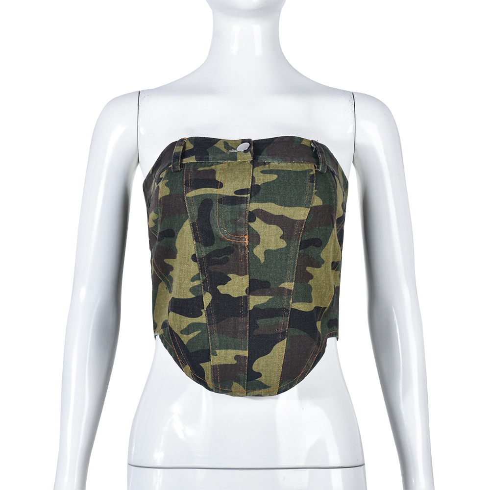 Women'S Fashion Camouflage Print Zipper Wrap Top