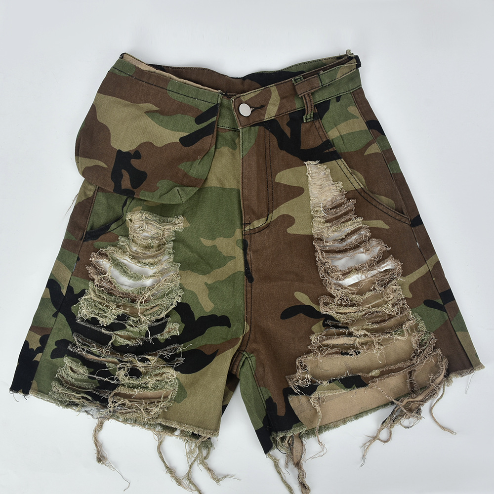 Women Fashion Street Casual Camouflage Printing Ripped Shorts