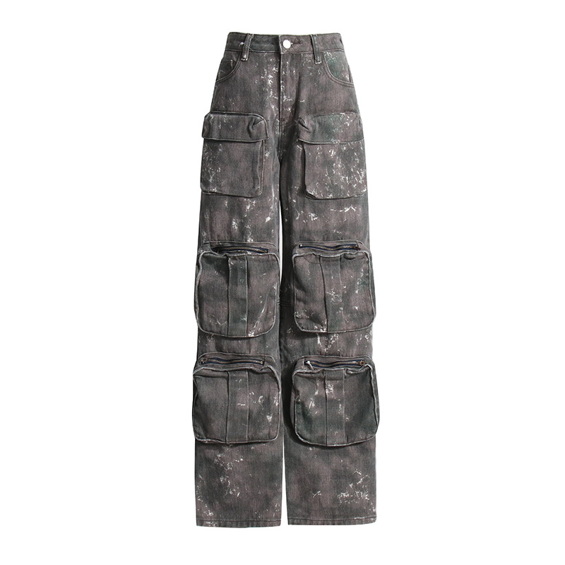 Women Fashion Casual Street Pocket Wide-Leg Camouflage Loose Overalls Washed Jeans Denim Pants