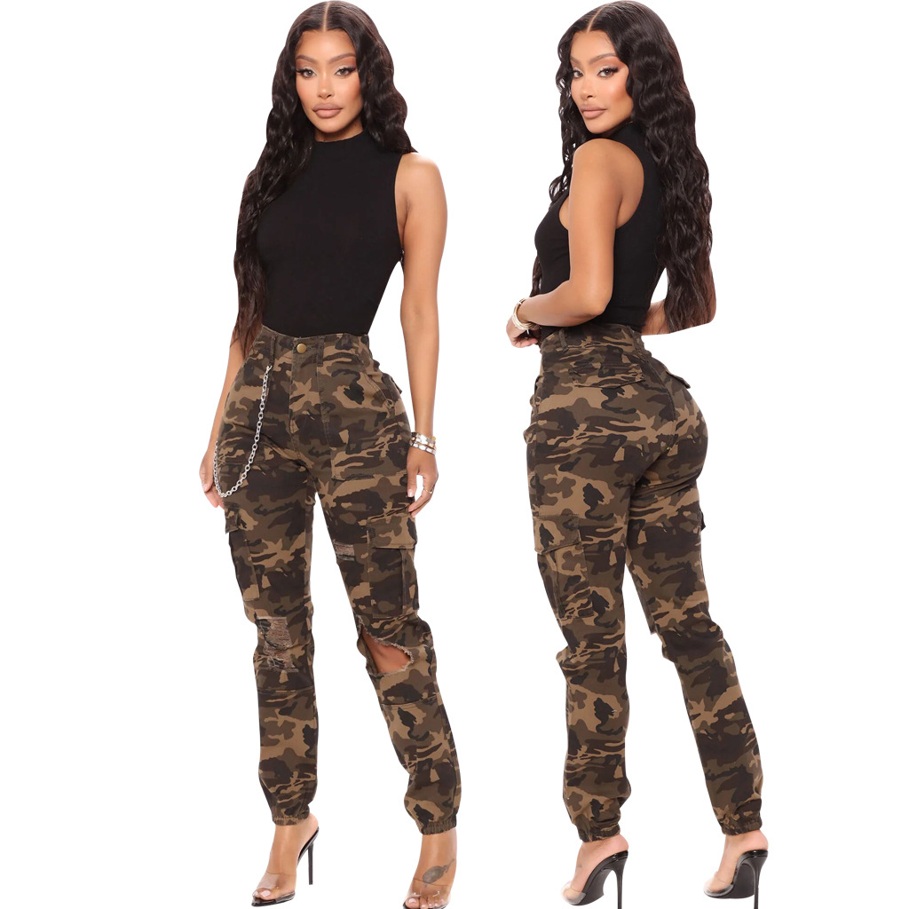 Women Summer Fashion Camouflage Printed Casual High Waist Ripped Pants