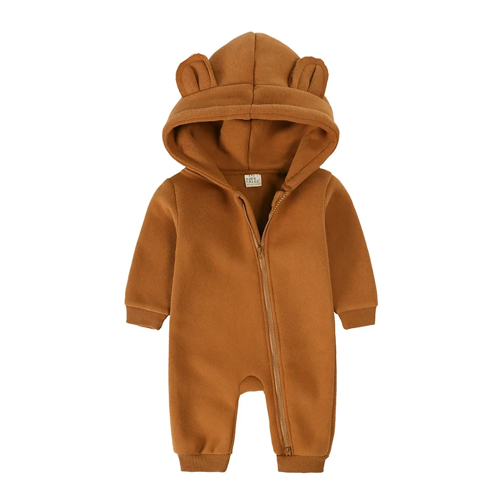 Kids Baby Boys Girls Autumn Winter Casual Cute Solid Color Bear Long Sleeve Hooded Jumpsuit