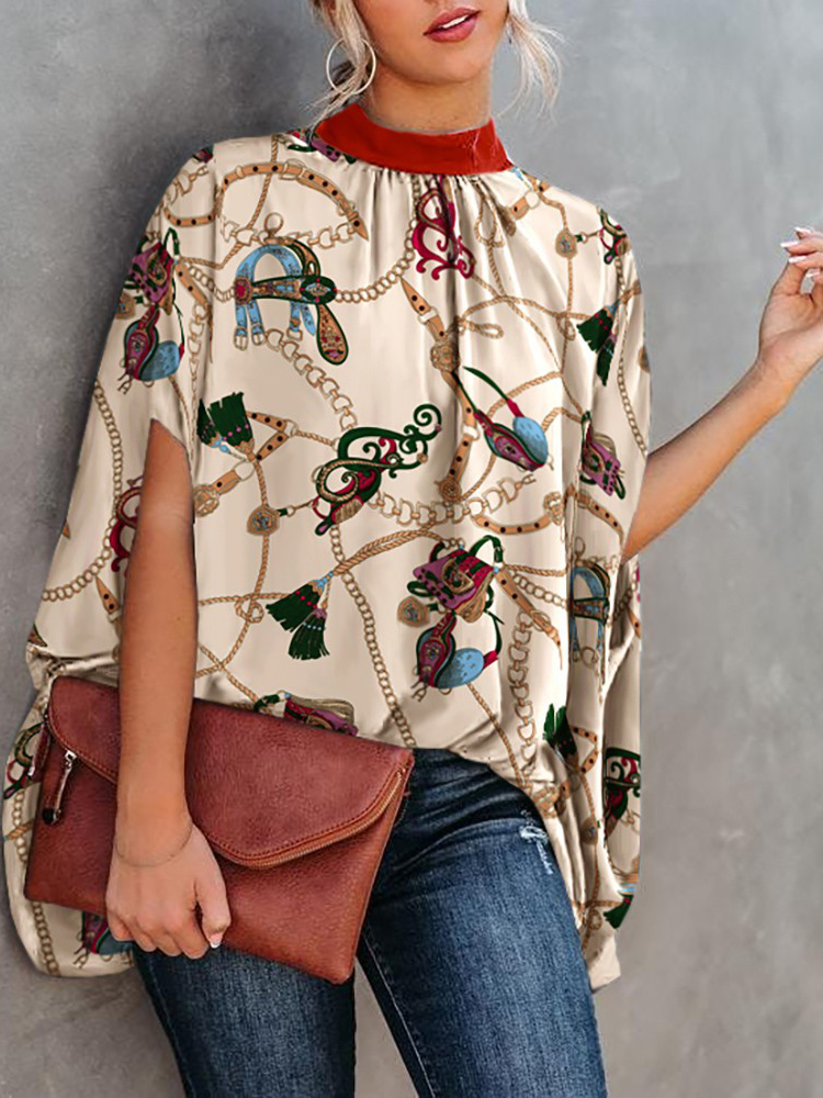 Women Elegant Office Work Casual Loose Fashion Batwing Sleeve Print Round Neck Summer Office Lady Blouse